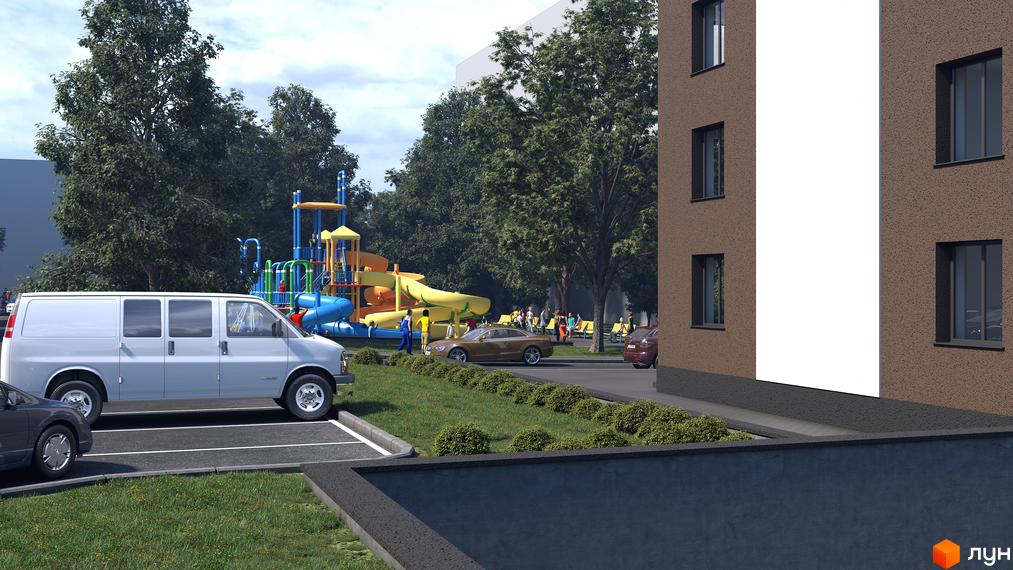 Зображення Житлового комплексу Central House з фасадом будинку та дитячим майданчиком на прибудинковій території.