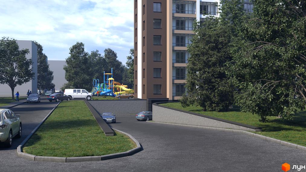 Зображення будинку з прибудинковою територією Житлового комплексу Central House. На території є дитячий майданчик та парковка.