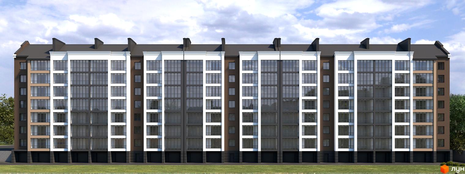 Зображення фасаду Житлового комплексу Central House. Багатоповерховий будинок з великими вікнами та темним дахом.