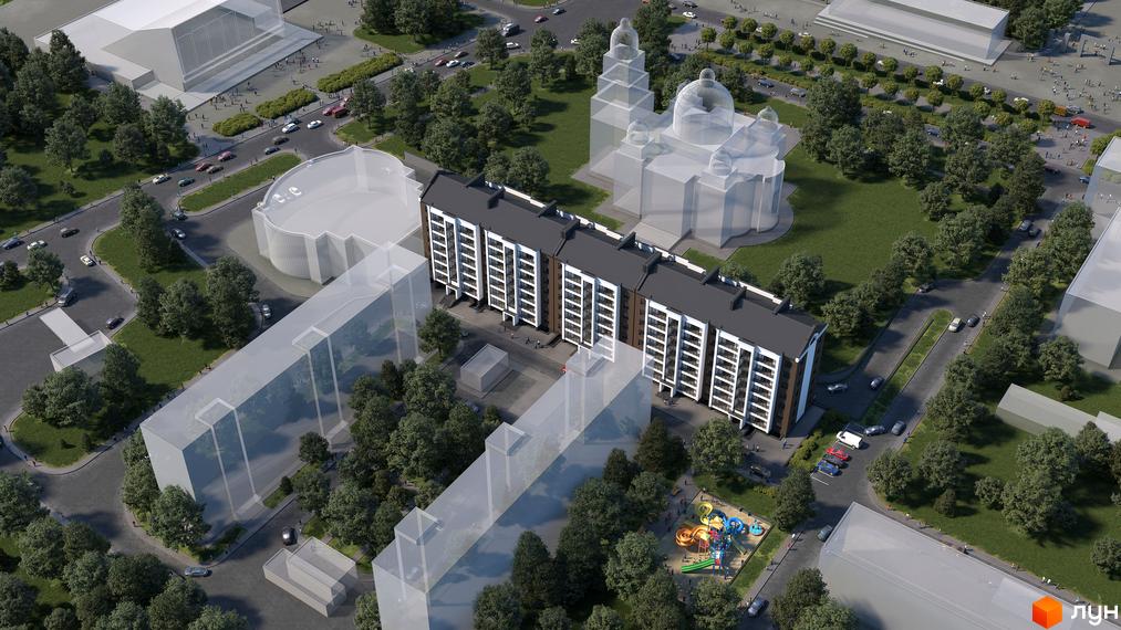 Зображення Житлового комплексу Central House з виглядом на фасад будинку та прибудинкову територію з деревами і дитячим майданчиком.