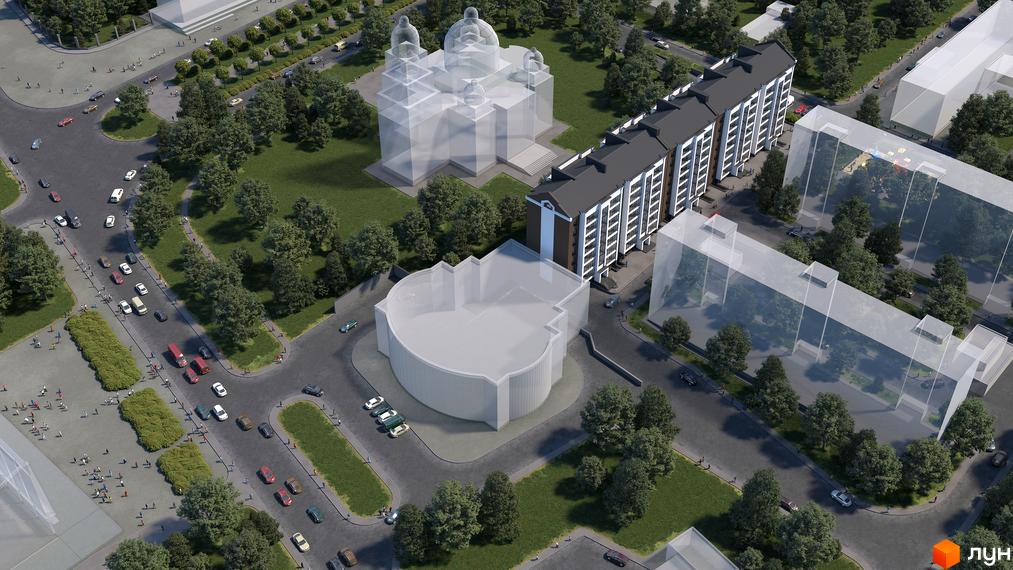 Вид зверху на Житловий комплекс Central House з будівлями та прилеглою територією. Навколо багато дерев, вулиці з автомобілями.