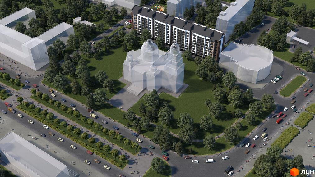 Візуалізація Будівельного проєкту Central House з прилеглою територією. Навколо будинку зелені насадження та дорога з автомобілями.