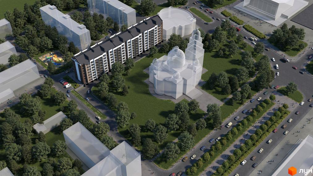 Зображення Житлового комплексу Central House з висоти пташиного польоту. Навколо будинку зелені насадження, дороги та тротуари.