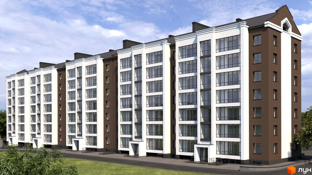 Зображення фасаду будинку Житлового комплексу Central House з великими вікнами та прибудинковою територією.