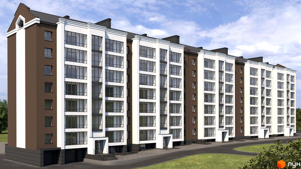 Зображення фасаду та прибудинкової території Житлового комплексу Central House. Багатоповерховий будинок з великими вікнами.