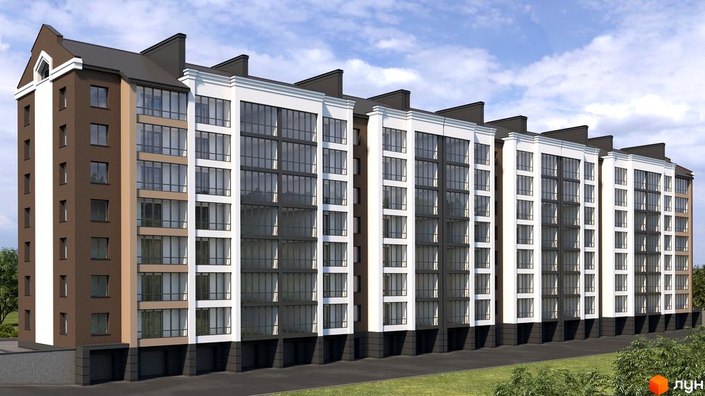 Зображення фасаду багатоквартирного будинку в Житловому комплексі Central House. Вигляд новобудови з великими вікнами та прибудинковою територією.