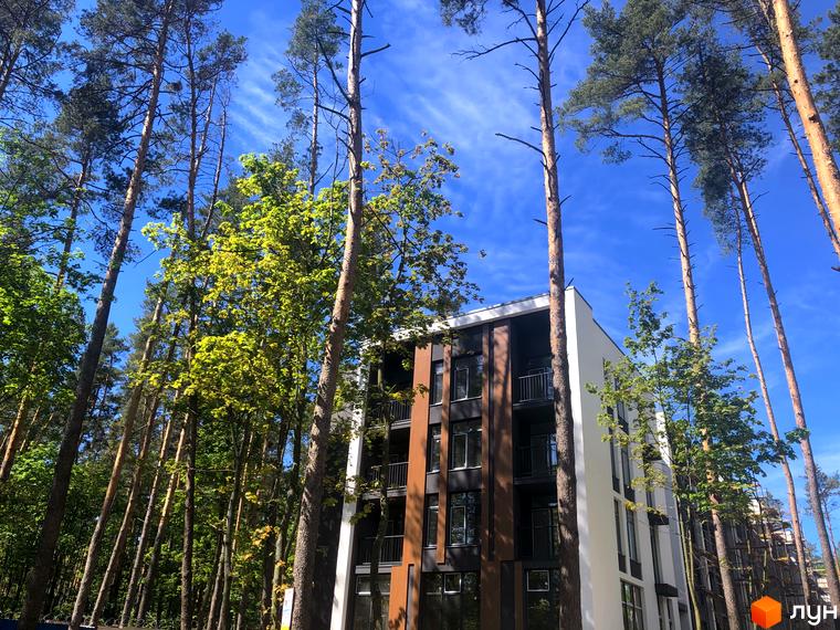 Житловий комплекс Forest Park з фасадами білого, сірого та дерев'яного кольору, оточений високими соснами та зеленню.