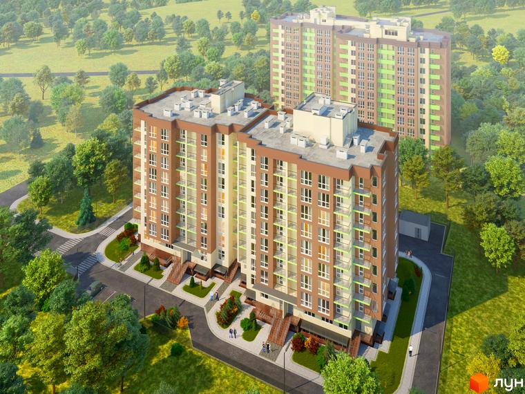 Зображення Житлового комплексу Зіркова Вежа 2 з висоти пташиного польоту. На фото видно два багатоповерхові будинки та зелену прибудинкову територію.