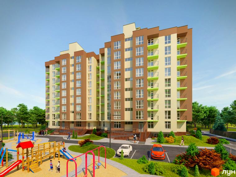 Зображення фасаду та дитячого майданчика Житлового району Зіркова Вежа 2. На передньому плані ігровий майданчик.