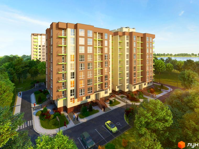 Зображення фасаду та прибудинкової території Житлового комплексу Зіркова Вежа 2. Навколо будинку зелені дерева та припарковані автомобілі.