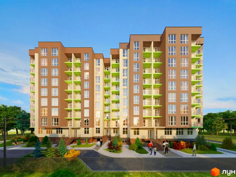 Зображення фасаду багатоповерхового будинку в Житловому районі Зіркова Вежа 2. На передньому плані прибудинкова територія з ландшафтним дизайном.