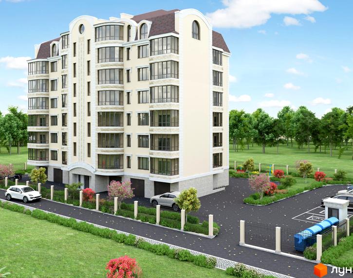 Зображення фасаду та прибудинкової території Житлового комплексу Парковий. Вигляд багатоповерхового будинку та озелененого подвір'я.