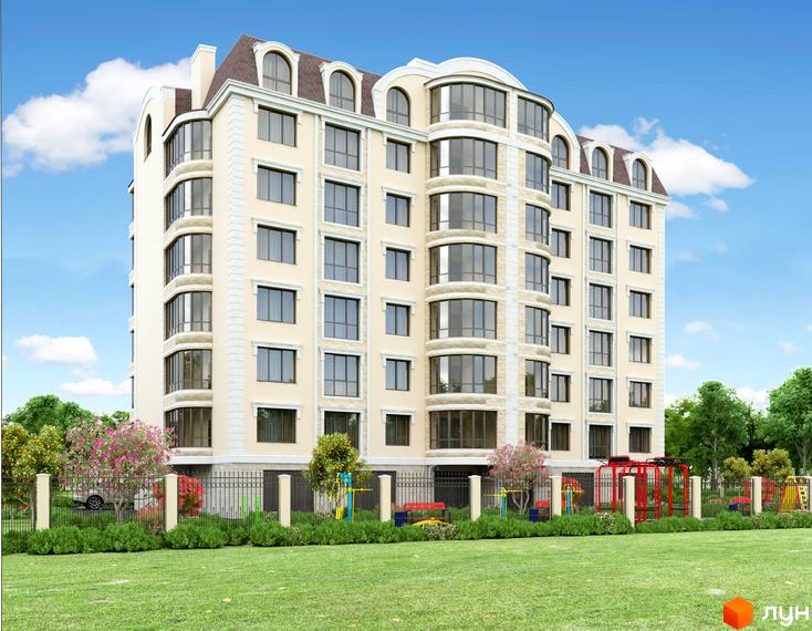 Зображення фасаду Житлового комплексу Парковий та прибудинкової території з газоном, огорожею та дитячим майданчиком.