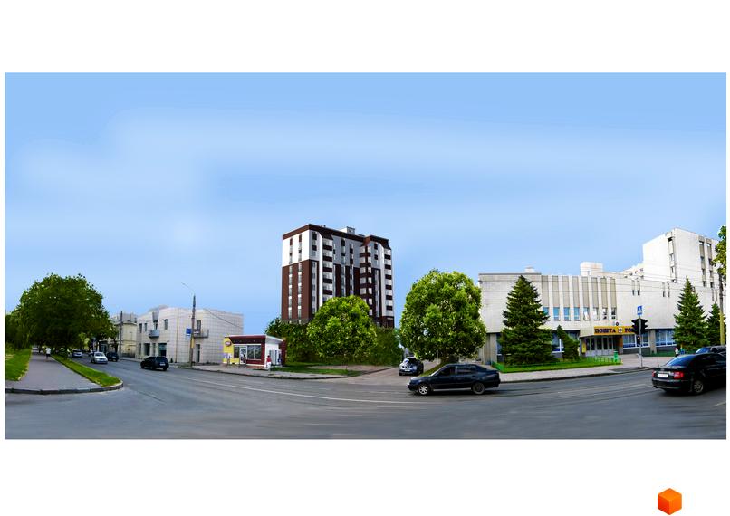 Зовнішній вигляд житлового комплексу на вулиці Молочна, 8а, з багатоповерховим будинком та прибудинковою територією з деревами та дорогою.