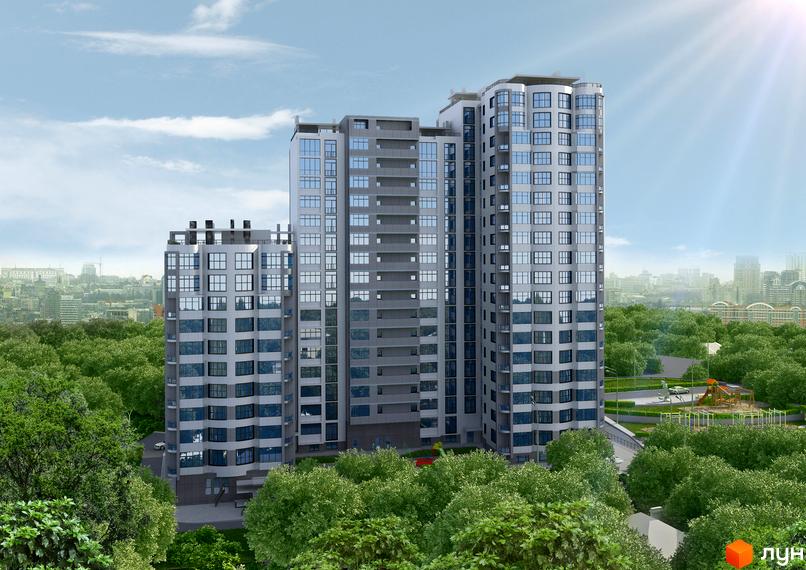 Житловий комплекс Статус Град - сучасна архітектура з панорамними вікнами та балконами, оточений зеленню. Поряд дитячий майданчик та міський пейзаж.