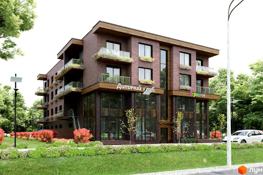 Зображення фасаду чотириповерхового будинку з вивісками