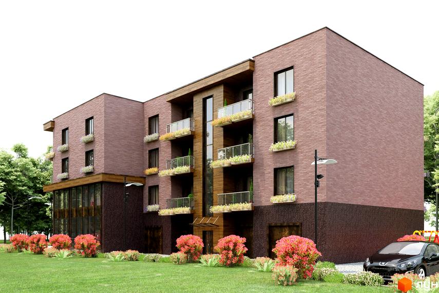 Зображення фасаду та прибудинкової території Новобудови по Хмельницькому шосе, 40. На передньому плані зелений газон та декоративні кущі.