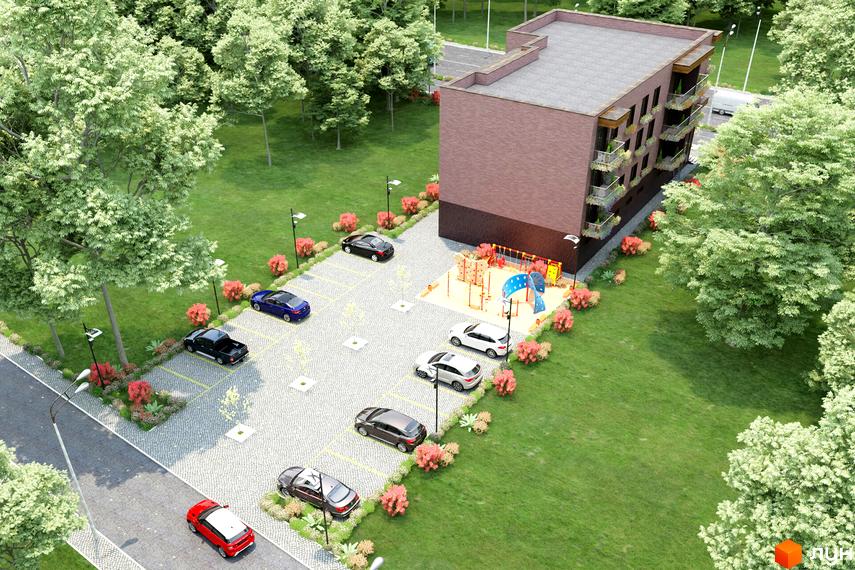 Зображення Житлового комплексу на Хмельницькому шосе, 40. На фото будинок з балконами та дитячий майданчик, поруч парковка та зелена зона.