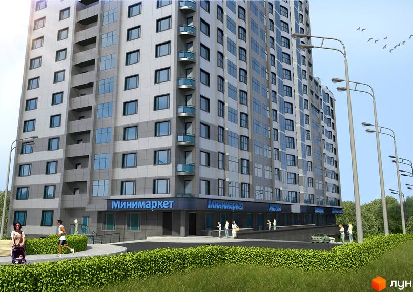 Зовнішній вигляд житлового комплексу Статус Град з фасадом з сірих та білих панелей, скляними балконами та комерційними приміщеннями на першому поверсі. Навколо комплексу зелені насадження та доріжки для прогулянок.