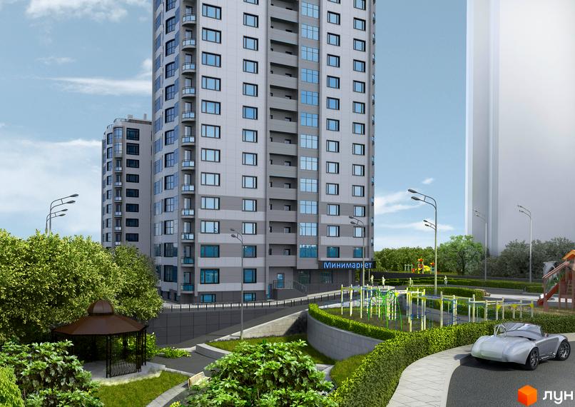 Житловий комплекс Статус Град – багатоповерховий будинок з блакитними вікнами та балконами. На прибудинковій території розташований дитячий майданчик та зелені насадження.