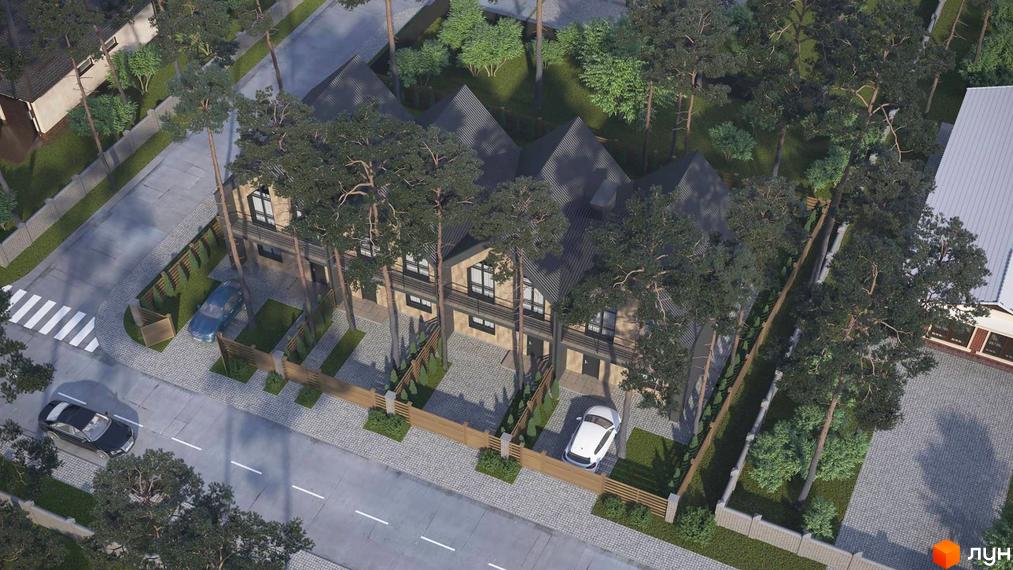 Вид зверху на таунхауси Positano-3 з сірими дахами та деревами на території. Перед будинками припарковані автомобілі.