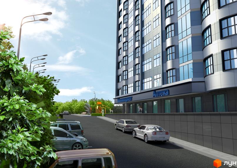 Зовнішній вигляд будинку ЖК Статус Град з фасадом з сірих панелей та панорамними вікнами. Прибудинкова територія з парковкою та дитячим майданчиком.