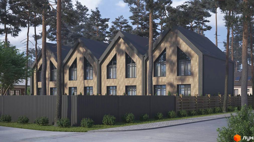 Зображення таунхаусів «Positano-3» з фасадом з дерева та великими вікнами. Навколо будівель ростуть дерева та кущі.
