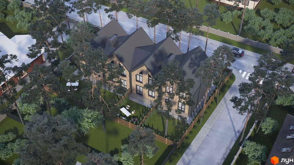 Таунхауси Positano-3: двоповерхові будинки з темним дахом та світлими стінами, оточені зеленню та деревами. Прибудинкова територія з газоном та парканом.