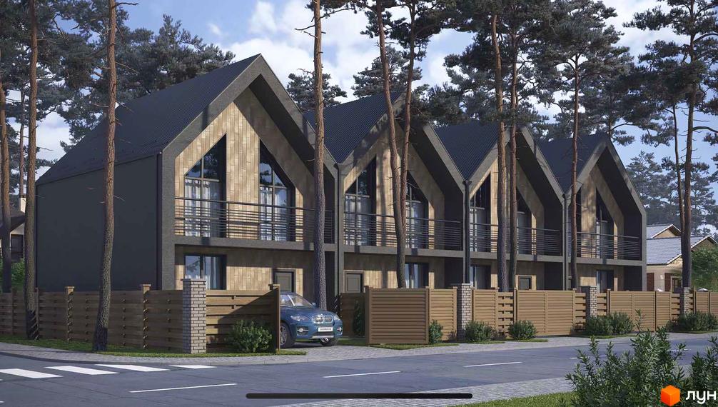 Зображення таунхаусів „Positano-3“ з дерев'яним фасадом та чорним дахом. Перед будинками розташована зелена зона та дорога.