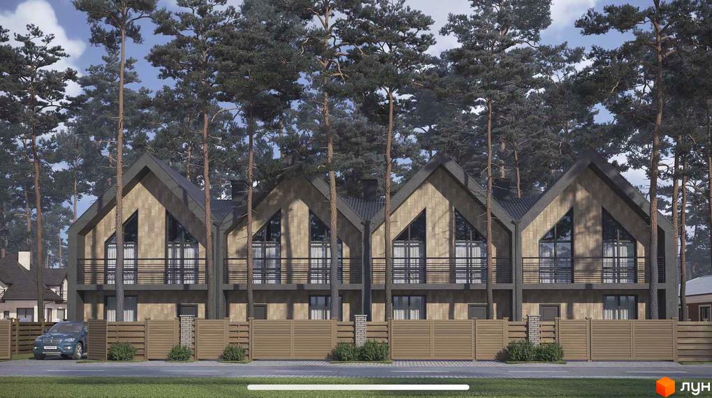 Зображення таунхаусів „Positano-3“ з великими вікнами та балконами, оточених соснами. Перед будинками зелений газон та дерев'яний паркан.