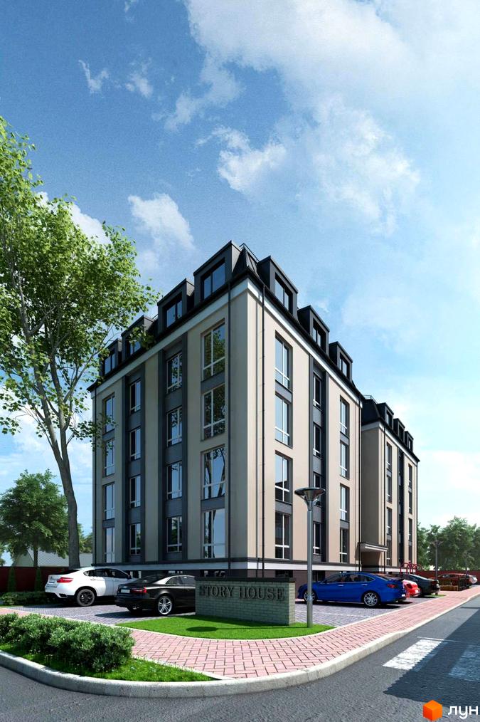 Зовнішній вигляд новобудови Story House з парковкою та зеленими насадженнями. Сучасний житловий комплекс з елегантною архітектурою та доглянутою прибудинковою територією.