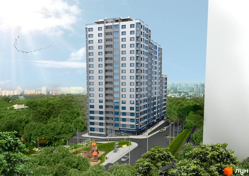 Новобудова ЖК Статус Град з сірими фасадами та блакитними вікнами, що має дитячий майданчик та зелену зону біля будинку.