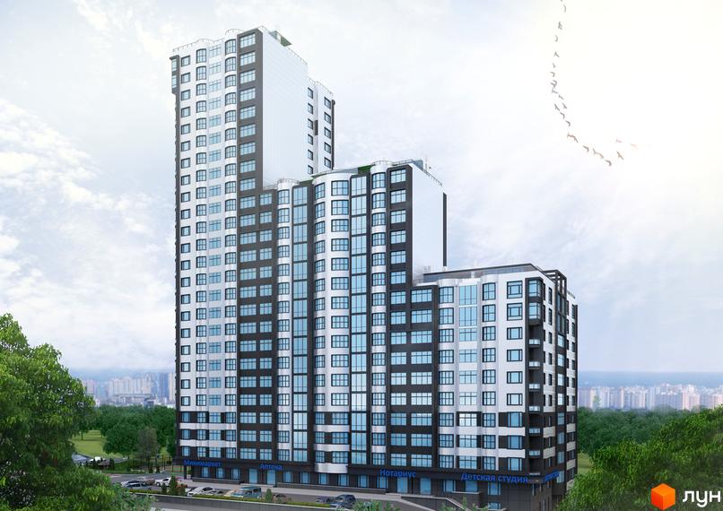 Житловий комплекс Статус Град: багатоповерхова новобудова з панорамними вікнами та комерційними приміщеннями на першому поверсі. Навколо будинку зелені насадження та парковка.