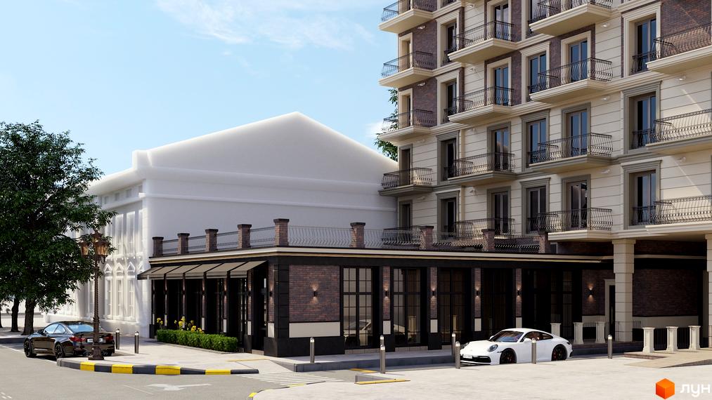 Житловий комплекс Будинок на Міщанській: багатоповерховий будинок з балконами та терасою, поруч будівля з великими вікнами та автомобілі.