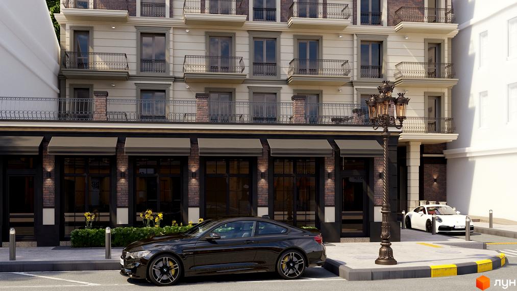 Житловий комплекс Будинок на Міщанській з фасадом у класичному стилі, балконами та великими вікнами. На прибудинковій території розташовані автомобілі та ліхтар.