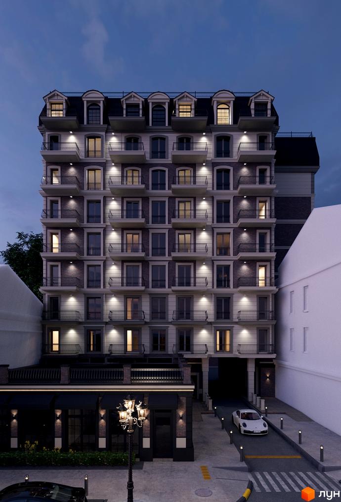 Житловий комплекс Будинок на Міщанській. Багатоквартирний будинок з балконами та підсвіткою фасаду. На території є дорога з автомобілем та ліхтарі.