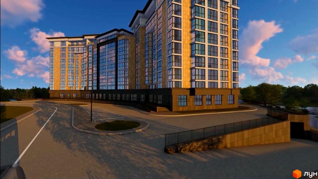 Житловий комплекс Оселя Парк: світлі багатоповерхові будинки з панорамними вікнами, дорога, парковка та зелена зона біля водойми.