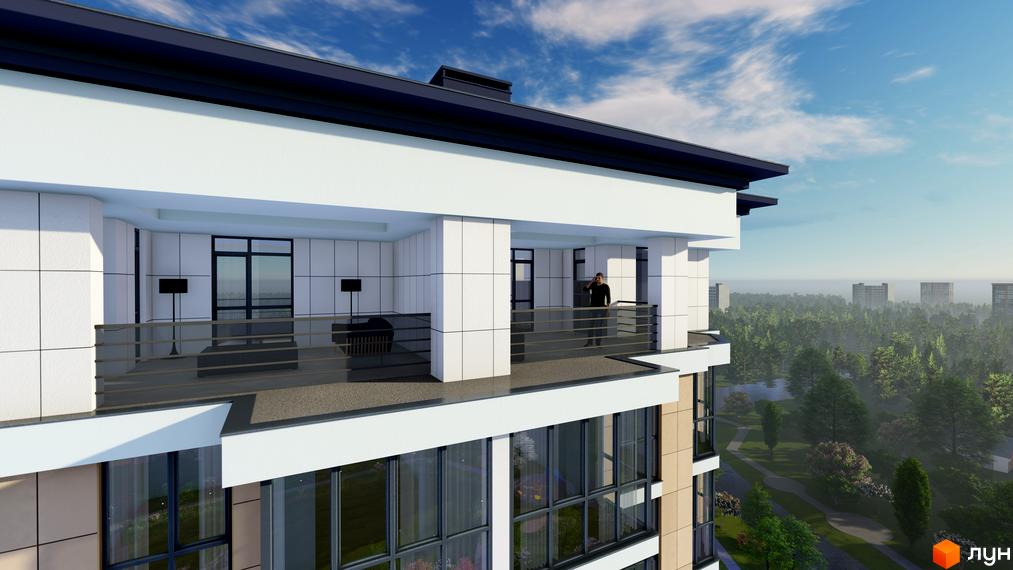 Зображення фасаду Новобудови Оселя Парк з балконами. Навколо комплексу зелена зона з деревами та будівлями на горизонті.