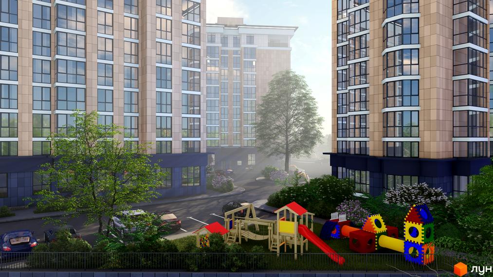 Житловий комплекс Оселя Парк з бежевими фасадами та великими вікнами. На передньому плані дитячий майданчик та зелені насадження.