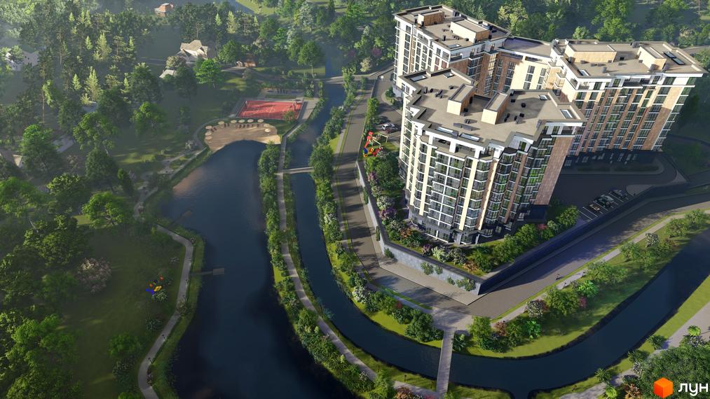 Вигляд з висоти на Новобудову Оселя Парк з багатоповерховими будинками. На території річка, спортивний майданчик, дитячий майданчик та зелені насадження.