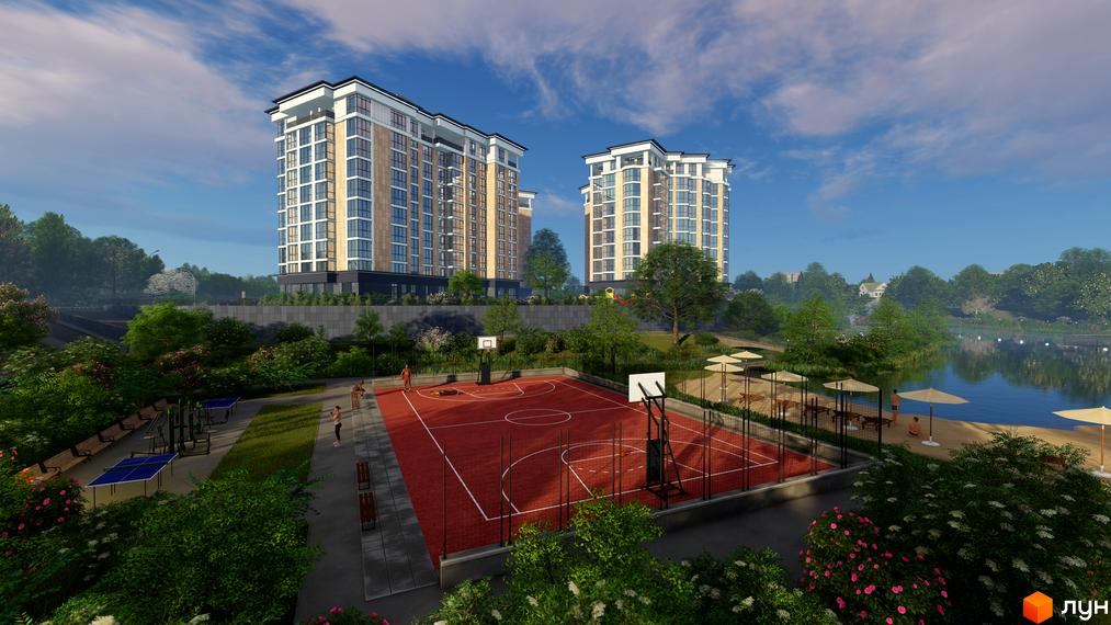 Житловий комплекс Оселя Парк: багатоповерхові будинки з світлими фасадами. Прибудинкова територія має спортивні майданчики, зони відпочинку та пляж біля озера.