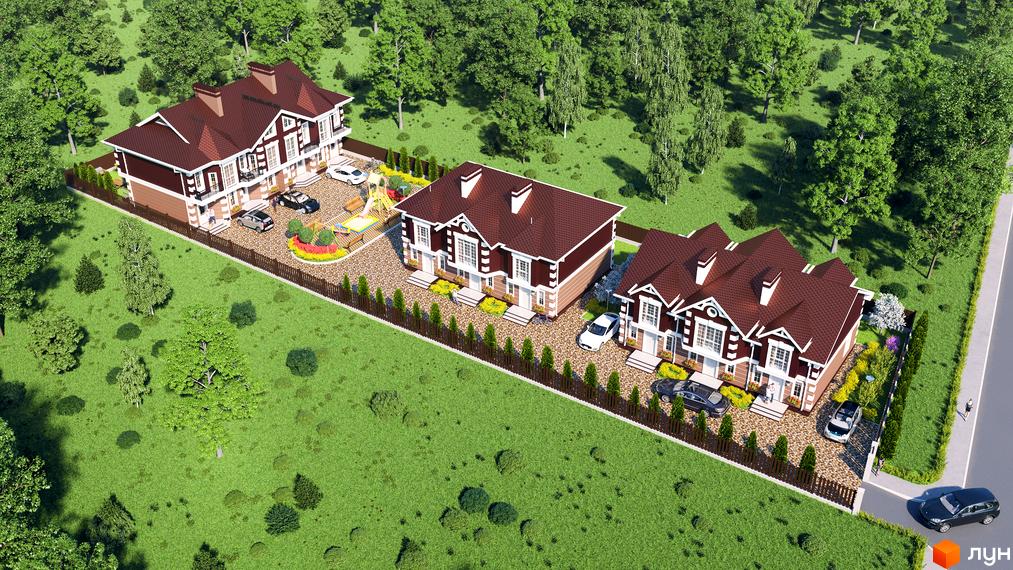 Зображення таунхаусів Котеджного містечка „КД Старокиївський“ з червоними дахами та прибудинковою територією з парковкою та дитячим майданчиком.