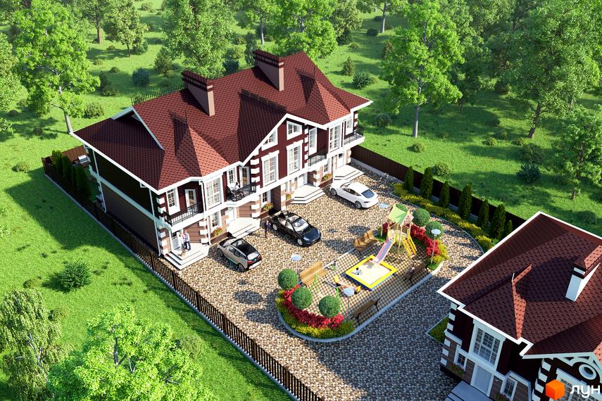 Зображення таунхаусів „КД Старокиївський“ з червоним дахом та прибудинковою територією з дитячим майданчиком.