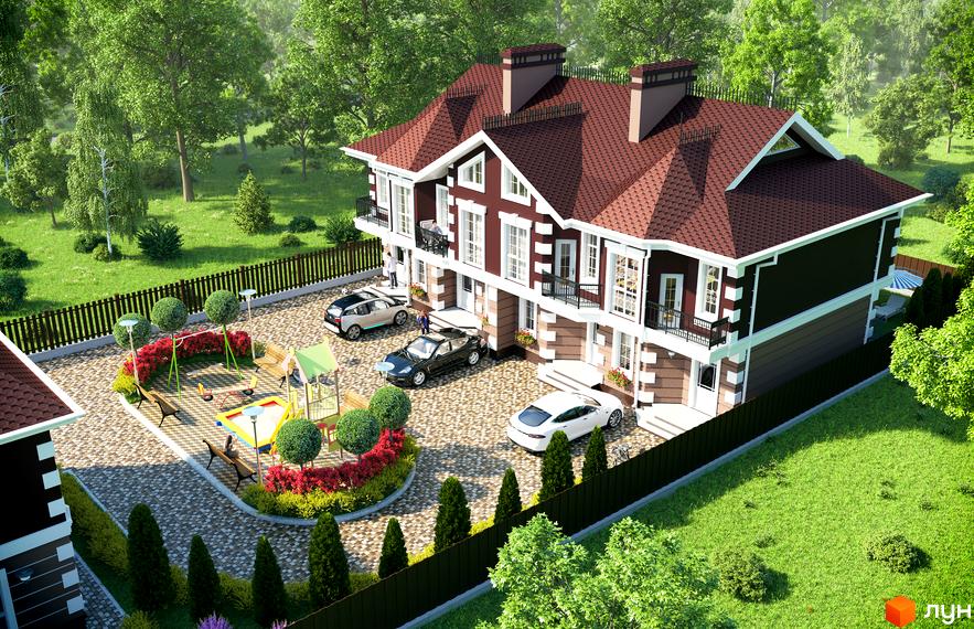 Зображення таунхаусів «КД Старокиївський» з червоним дахом та чорними стінами. На території дитячий майданчик, зелені насадження та парковка.