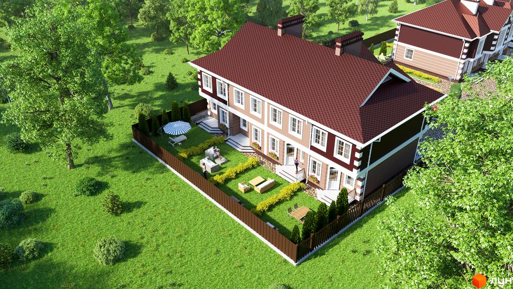 Зображення таунхаусів Котеджного містечка Старокиївський з червоним дахом та прибудинковою територією з ландшафтним дизайном.