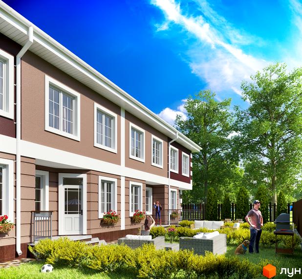 Зображення таунхаусів Котеджного містечка „КД Старокиївський“ з прибудинковою територією, де відпочивають люди.