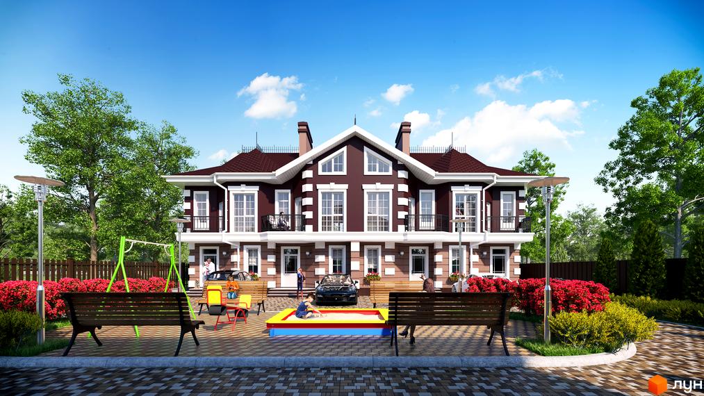 Вигляд таунхаусів „КД Старокиївський“ з червоним дахом та білими вікнами. На території дитячий майданчик, лавки, зелені насадження.