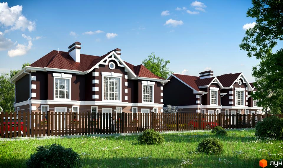 Зображення таунхаусів у Котеджному містечку „КД Старокиївський“. Двоповерхові будинки з коричневими дахами та великими вікнами, зелений газон.
