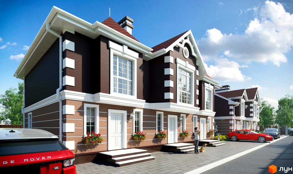 Зображення таунхаусів „КД Старокиївський“ з коричневими фасадами та білими вікнами. Перед будинками припарковані автомобілі.