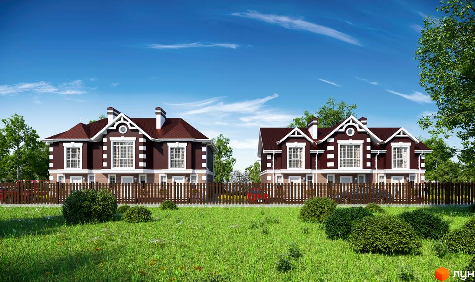 Вигляд таунхаусів у Котеджному містечку „КД Старокиївський“. Двоповерхові будинки з коричневими дахами та зеленою територією.